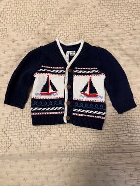 Janie and Jack Navy, White & Red Sailboat Knit Cardigan